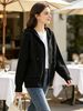 Solid Black Zip Up Drawstring Hood Pit Rib Knit Cardigan, Loose Lightweight Breathable Soft Skin-touch Long Sleeve Pocket Sweater_ecoleips.com