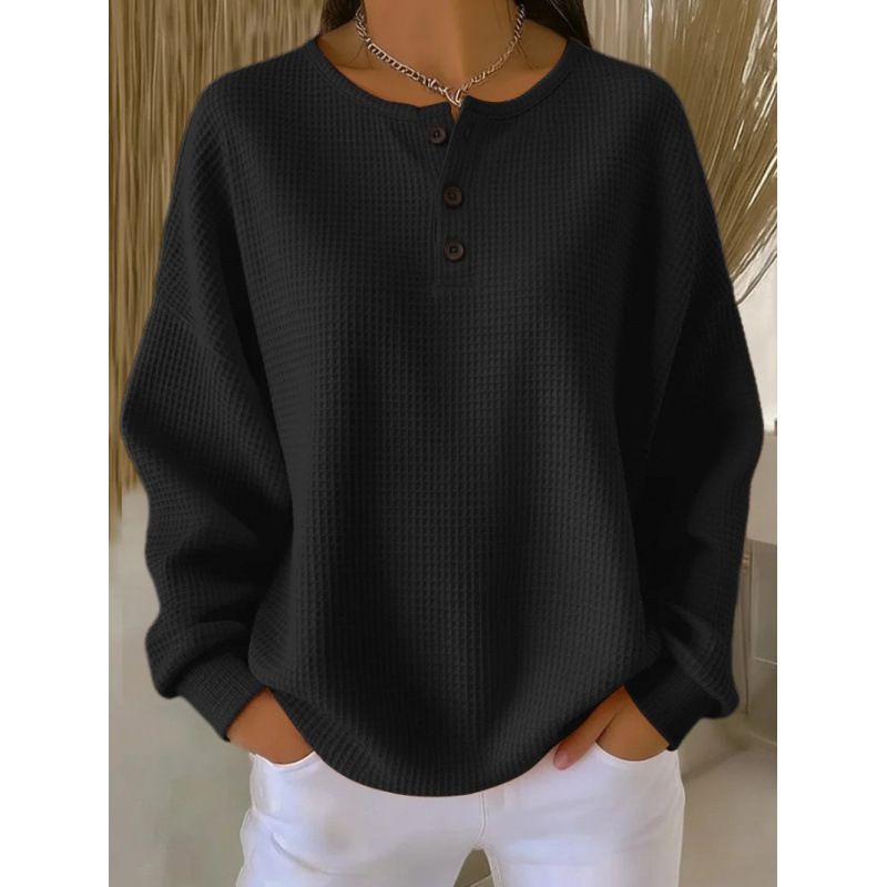Fashionable Round-Necked Waffle-Patterned Autumn/Winter Solid-Color Loose-Fitting Hoodie_ecoleips.com