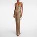 Elegant Pleated Gold-Tie Maxi Dress With High Slit For Casual & Party Wear – British Style, Polyester Blend, S/M/L/XL_ecoleips.com