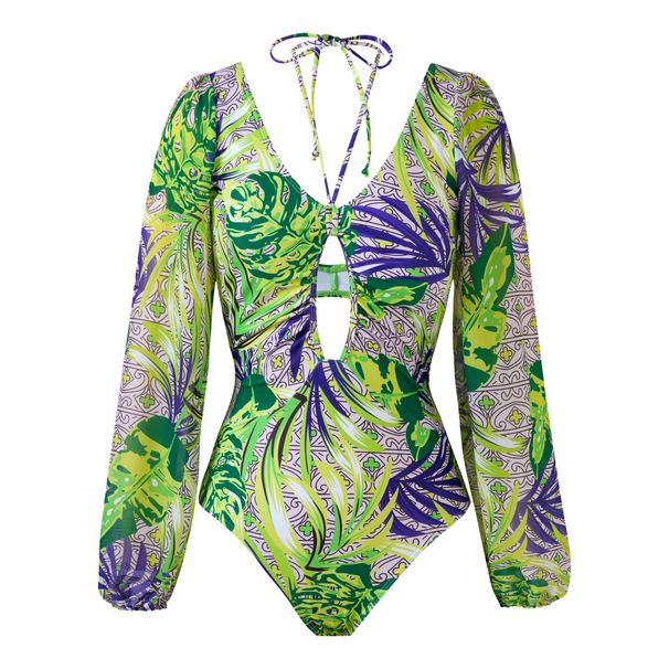 Long Sleeve Rash Guard Swimsuit – Tropical Floral Print UV Protection One-Piece With Tummy Control (UPF 50+, Quick-Dry Polyester)_ecoleips.com