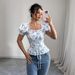 Women’s Clothing French Print Square Collar Puff Sleeve Waist Drawstring Shirt Short Top Floral_ecoleips.com