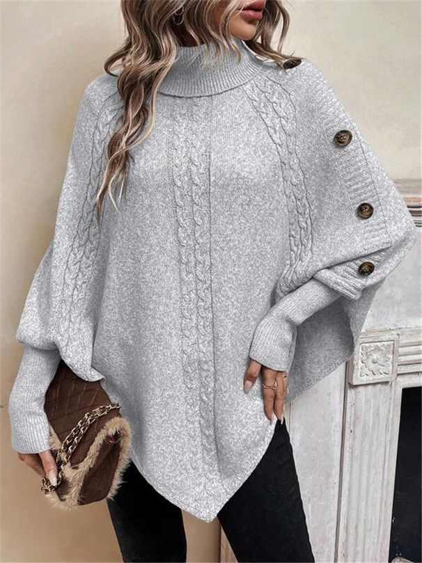 Women's Clothing Autumn And Winter High Collar Button Decoration Bat Sweater Cable Knit Sweater_ecoleips.com