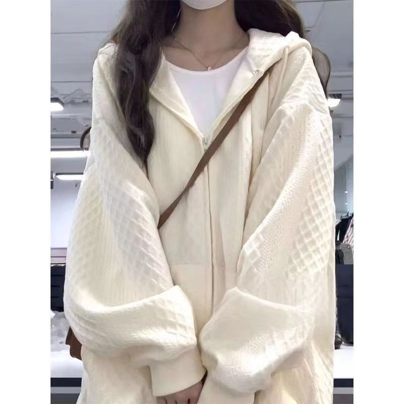 Korean-style Waffle Knit Jacket Women, Spring Thin Version, Casual Mesh Cardigan, Winter Fleece-lined Thickened Hooded_ecoleips.com