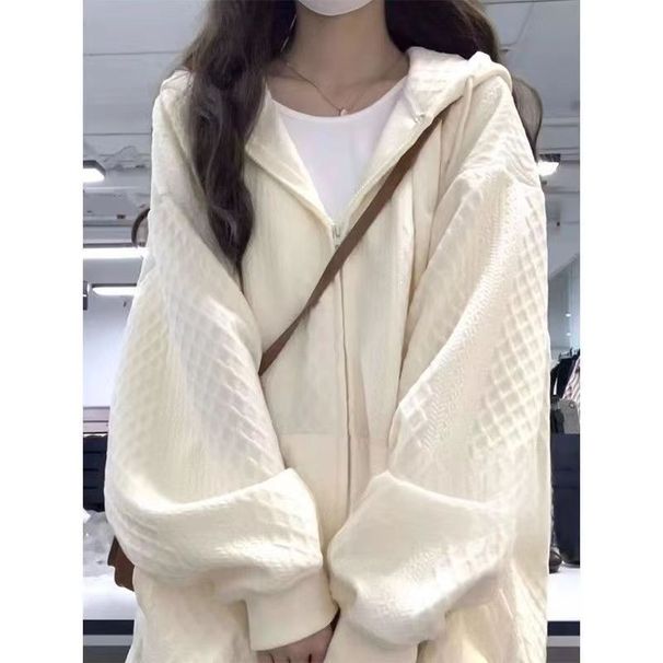 Korean-style Waffle Knit Jacket Women, Spring Thin Version, Casual Mesh Cardigan, Winter Fleece-lined Thickened Hooded_ecoleips.com