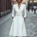 Women's V Neck Long Sleeve Dress Waist Cinching Solid Color Autumn Winter Long Dress European American Style_ecoleips.com