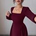 Spring Solid-Color Elegant Pleated Dress, French Square Neck Elegant Long Dress For Women's Wear_ecoleips.com