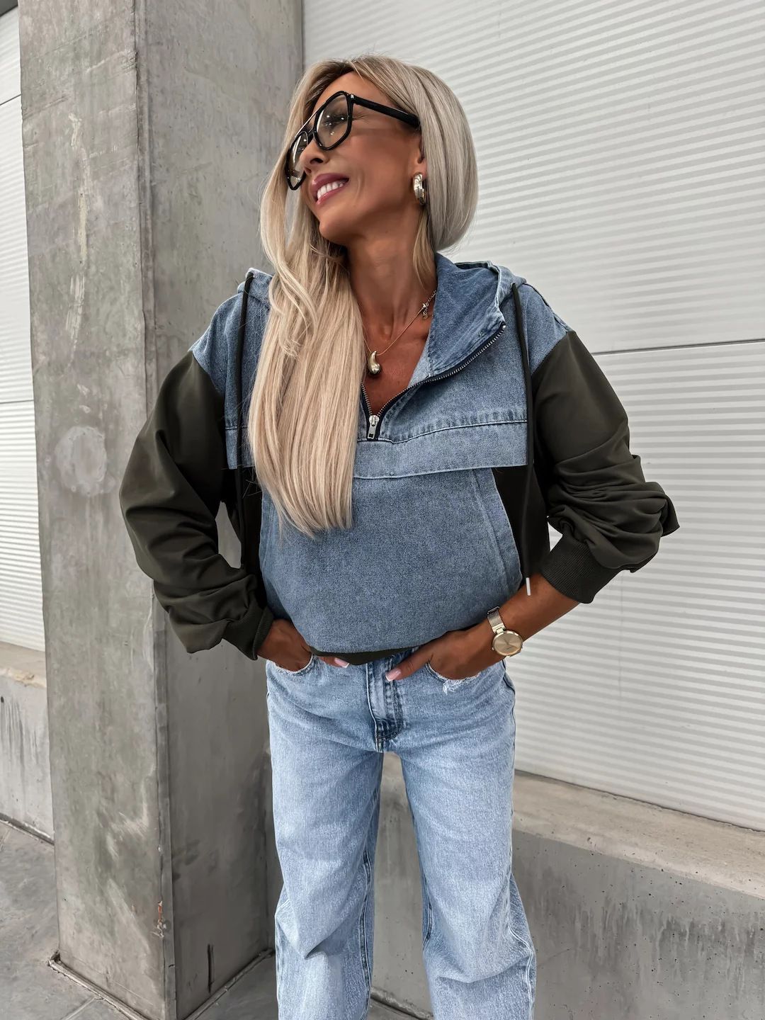 Women's Clothing Fashion Loose Casual Washed Denim Splicing Hooded Women's Sweatshirt_ecoleips.com