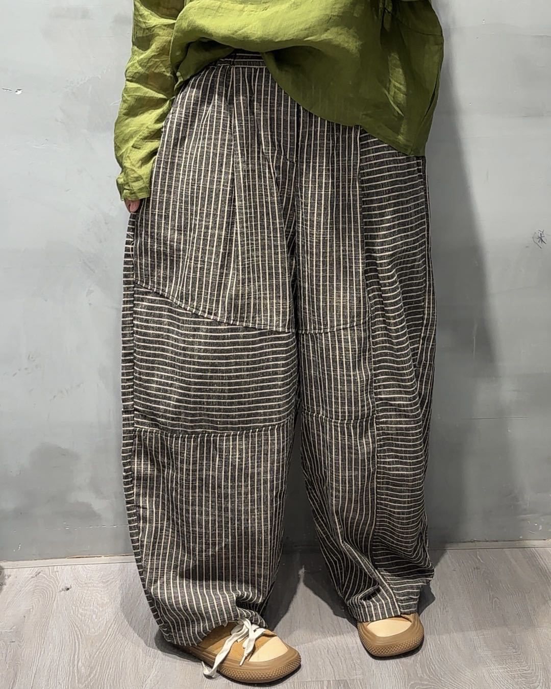 Suitable For All Seasons 2025 Spring New Yarn-Dyed Linen Striped For Women Elastic Waist Artistic Loose Plus Size Casual Wide-Leg Pants_ecoleips.com
