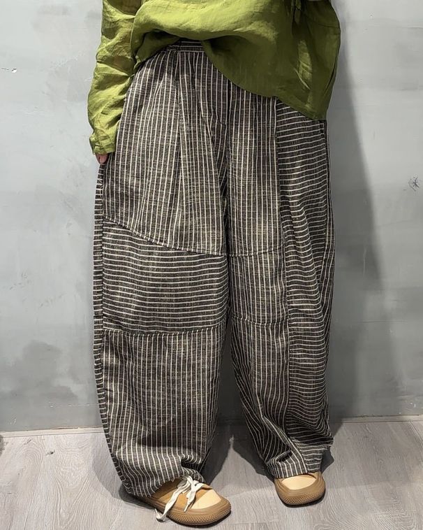 Suitable For All Seasons 2025 Spring New Yarn-Dyed Linen Striped For Women Elastic Waist Artistic Loose Plus Size Casual Wide-Leg Pants_ecoleips.com