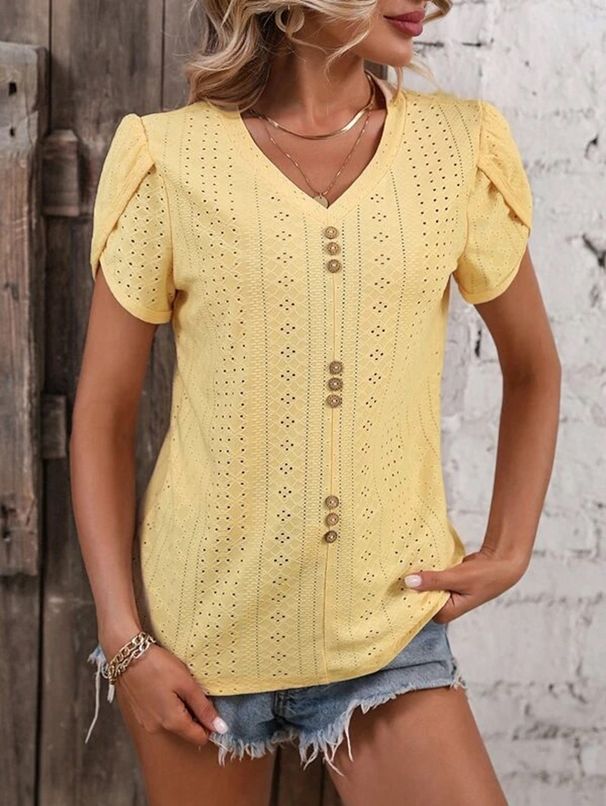Women's Clothing Women's V Neck Lace Casual Solid Color T Shirt Spot_ecoleips.com