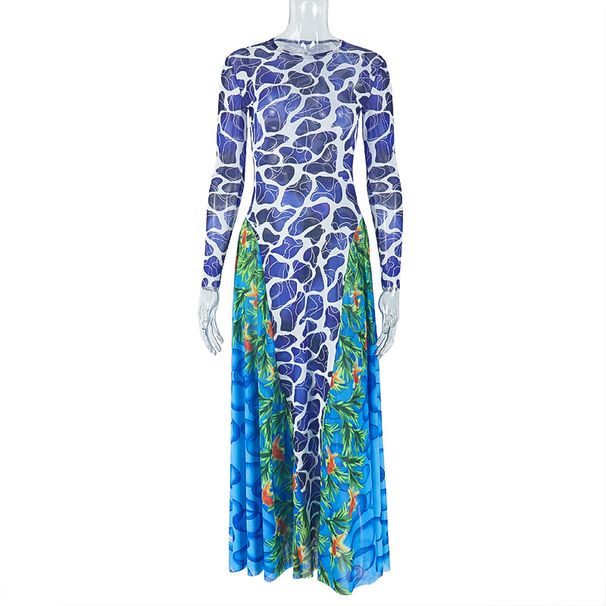 Women's Slimming Bodycon Long Dress American Style Printed Personalized Slightly Sheer High Neck Commuter Dress_ecoleips.com