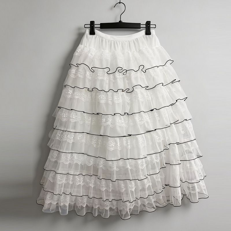 Korean Style Layered Tulle Skirt For Women, High Waist Flared A-Line Party Skirt With Unique Hem Design_ecoleips.com