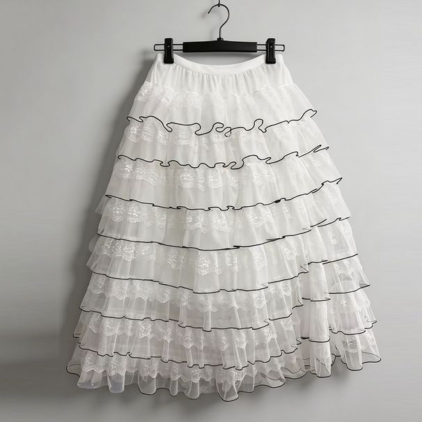 Korean Style Layered Tulle Skirt For Women, High Waist Flared A-Line Party Skirt With Unique Hem Design_ecoleips.com
