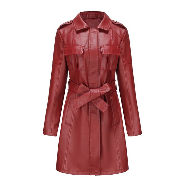 Sophisticated Mid-Length PU Trench Coat With Belt | British-Inspired Faux Leather Jacket For Women | Elegant Office & Casual Wear_ecoleips.com