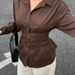 Retro Striped Print Long Sleeve Blouse V-Neck Slim Fit Women's Shirt Vintage Y2k Sassy Office-To-Club Top Brown (S/M/L)_ecoleips.com