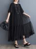 Black Vintage Mesh Patchwork Dresses For Women 2026 Summer New Short Sleeve Loose Casual Midi Dress Robe Fashion Elegant Clothes_ecoleips.com