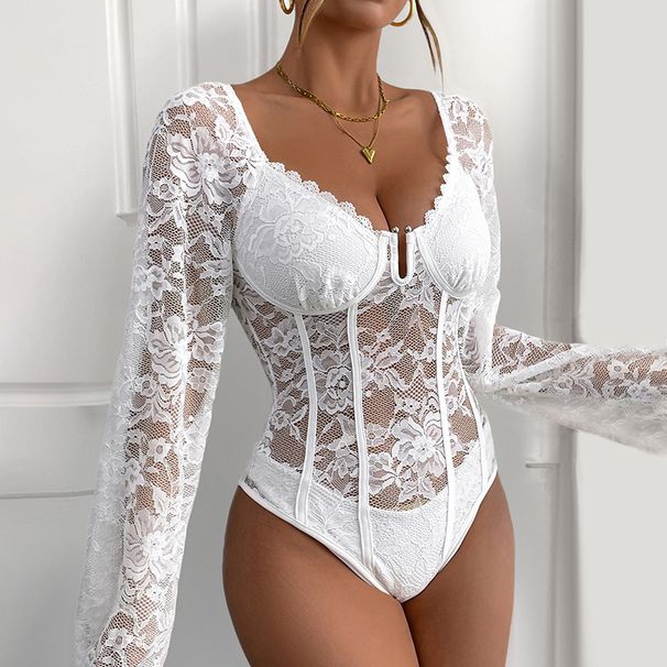 Women's Sexy V-Neck Lace Bodysuit – Strap Detail Body Shaper With Breathable Stretch Fabric (Black/White/Burgundy/Apricot/Dark Blue, S-XL)_ecoleips.com