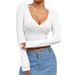 Voya Women's Sexy V-neck T-shirt With Spring And Summer Solid Color Design And Exposed Navel Long Sleeved Top_ecoleips.com
