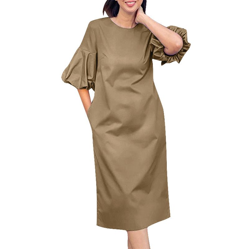 Spring Summer Women's Puff Sleeve O Neck A Line Dress Office Formal Work Attire Fashion_ecoleips.com