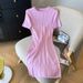 Women's Clothing Round Neck Short Sleeve Dress Sweet Solid Color Versatile Knitted Skirt_ecoleips.com