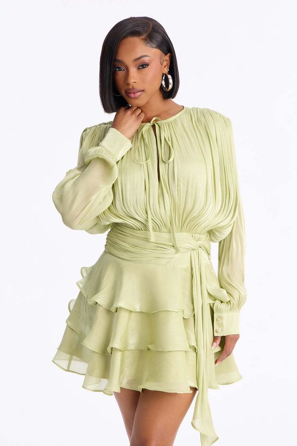Tiered Ruffle Hem Short Dress With Tie Waist - Elegant Office Wear For Women (Blue, Red, Beige, Pink, Green)_ecoleips.com