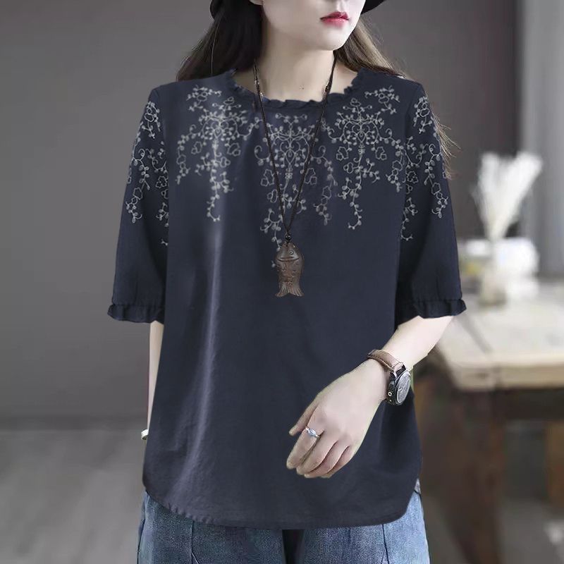 Vintage Artistic Lace Cuffs 2026 Summer Short-Sleeve T-Shirt Top, Stylish Plus-Size Women's Ethnic Style Loose Fit_ecoleips.com