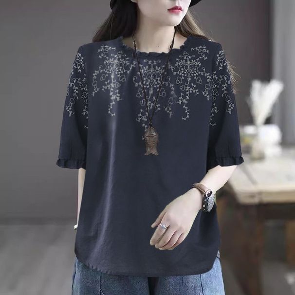 Vintage Artistic Lace Cuffs 2026 Summer Short-Sleeve T-Shirt Top, Stylish Plus-Size Women's Ethnic Style Loose Fit_ecoleips.com