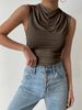 Women's Casual Pleated Design Top Summer Fashion Street Style Solid Color Slim Half High Neck Sleeveless T-Shirt Top_ecoleips.com