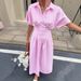 Women's Clothing Striped Shirt Dress Short Sleeved Midi Length Pleated Waist Slit_ecoleips.com