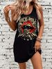 Roll Letter Print Sleeveless Dress - Asymmetrical Short A-Line Summer Dress With Round Neck Guitar/Microphone Lip Design Casual Spring/Summer Outfits_ecoleips.com