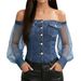 Women's Printed Faux Denim Off-Shoulder Chiffon Long-Sleeved Top Fashionable Exclusive Top_ecoleips.com