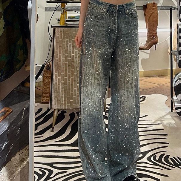 Women's Clothing High Street Heavy Duty Full Diamond Stitching Jeans For Women Summer Hot Girls Fashionable Shiny Mopping Pants_ecoleips.com