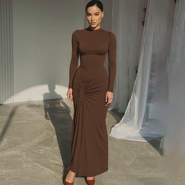 Women's Fashion 2025 Early Autumn Slim-Fit Strap-Waist Bodycon Long Solid Color Long-Sleeve Dress Wholesale_ecoleips.com