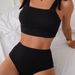 Women's High-Waist Bikini Set – Adjustable Straps & Textured Bamboo Fabric | Modest Swimwear | Black | S/M/L/XL_ecoleips.com