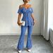 off Shoulder Faux Denim Two Piece Set Pure Alluring High Waisted Ruffled Top And High Waisted Flared Pants Women's Clothing_ecoleips.com
