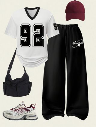 Women's Summer Fashion Letter Print Soccer Jersey T-Shirt Set with American Straight Leg Pants European And American Style Two-Piece Outfit_ecoleips.com