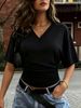 Women's V-Neck Short Sleeve T-Shirt With Waist-Defining Pleats - Elegant Solid Color Top For Casual Chic_ecoleips.com