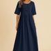 Women's Large-Sized Loose Cotton And Linen Round-Neck Pocket Five-Quarter Sleeve Mid-Length Dress_ecoleips.com
