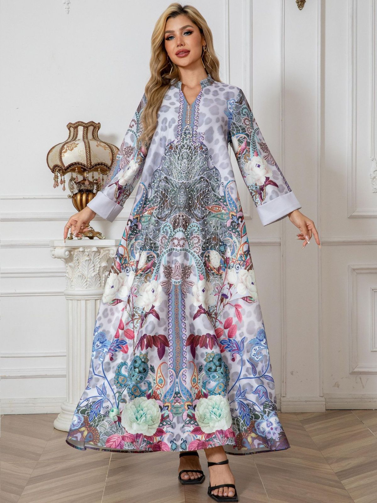SW1005 Muslim Women's Robe Full Print Inlaid With Diamonds And Beads Long Dress Abayas_ecoleips.com
