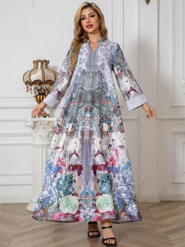 SW1005 Muslim Women's Robe Full Print Inlaid With Diamonds And Beads Long Dress Abayas_ecoleips.com