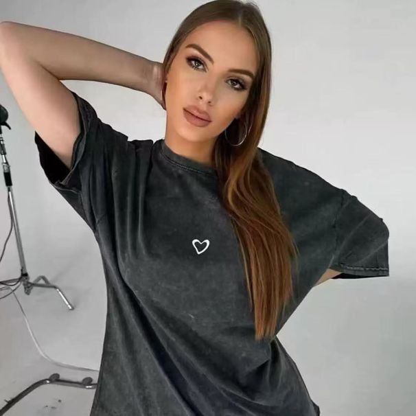 American Retro Washed Black Summer New Fashion Sweet Printed Versatile 100% Cotton Short Sleeve T-Shirt Trend_ecoleips.com
