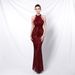 Women's clothing banquet style elegant long halterneck sequined socialite cool aura queen fishtail evening dress_ecoleips.com