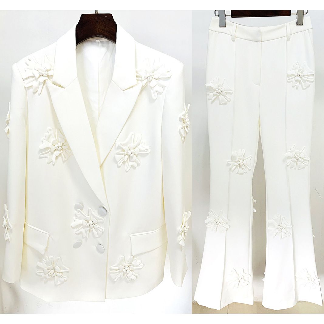 Women's Clothing Heavy Duty Three Dimensional Flower Elegant Double-Breasted Suit Set With 3D Floral Embroidery - Matching Blazer & Trousers_ecoleips.com