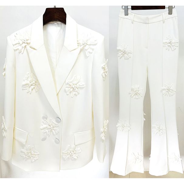 Women's Clothing Heavy Duty Three Dimensional Flower Elegant Double-Breasted Suit Set With 3D Floral Embroidery - Matching Blazer & Trousers_ecoleips.com