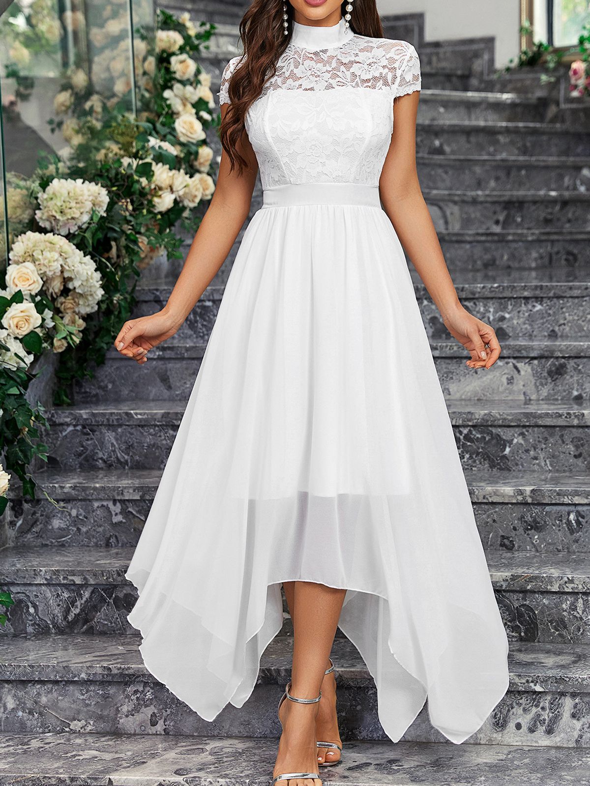 Women's Clothing Sleeveless High Collar Lace Chiffon Bridesmaid Dress Midi Skirt_ecoleips.com