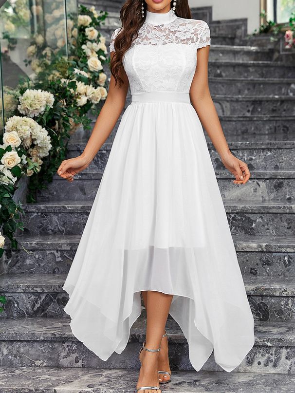 Women's Clothing Sleeveless High Collar Lace Chiffon Bridesmaid Dress Midi Skirt_ecoleips.com