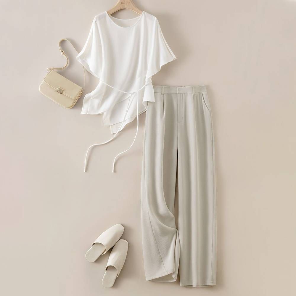 Women's Clothing Summer Irregular T Shirt Slim Top Wide Leg Pants Suit_ecoleips.com