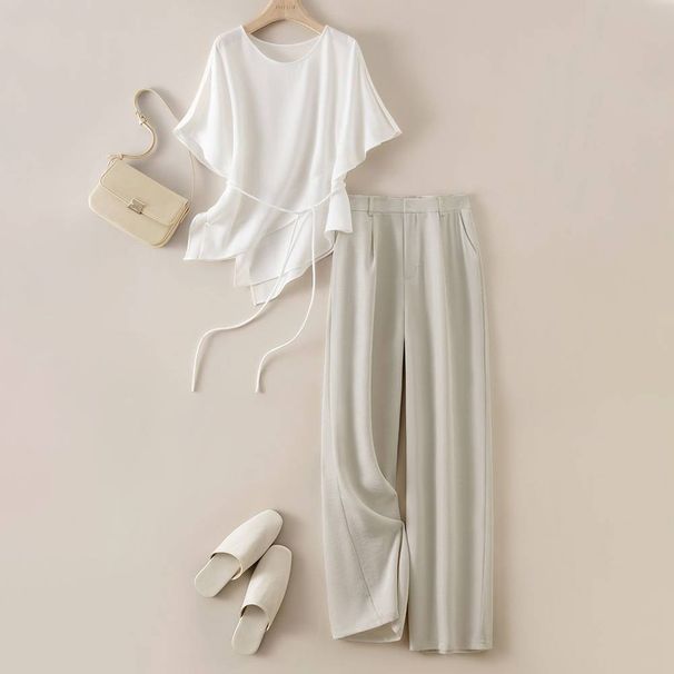 Women's Clothing Summer Irregular T Shirt Slim Top Wide Leg Pants Suit_ecoleips.com