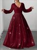 Plus Size Elegant V-Neck Evening Dress Long Sleeve Formal Gown With High Waist & Sequin Accents (0XL-5XL, Straight Cut, Polyester, Party/Office Wear)_ecoleips.com
