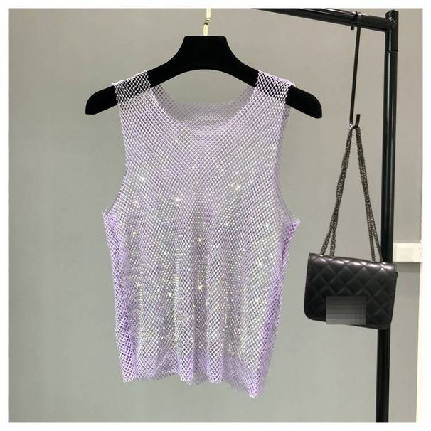 Women's Goddess Style Rhinestone Mesh Vest Sleeveless Top Hot Bling Bling Sparkling Hollow Out Design For Special Occasions_ecoleips.com